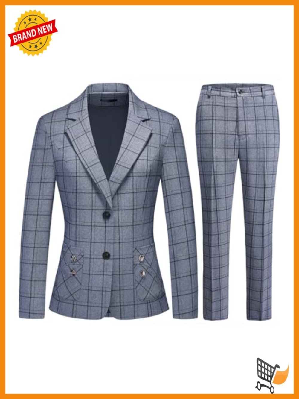 2-Piece Plaid Business Suit Blazer and Pants Set for Women Open Front Long
